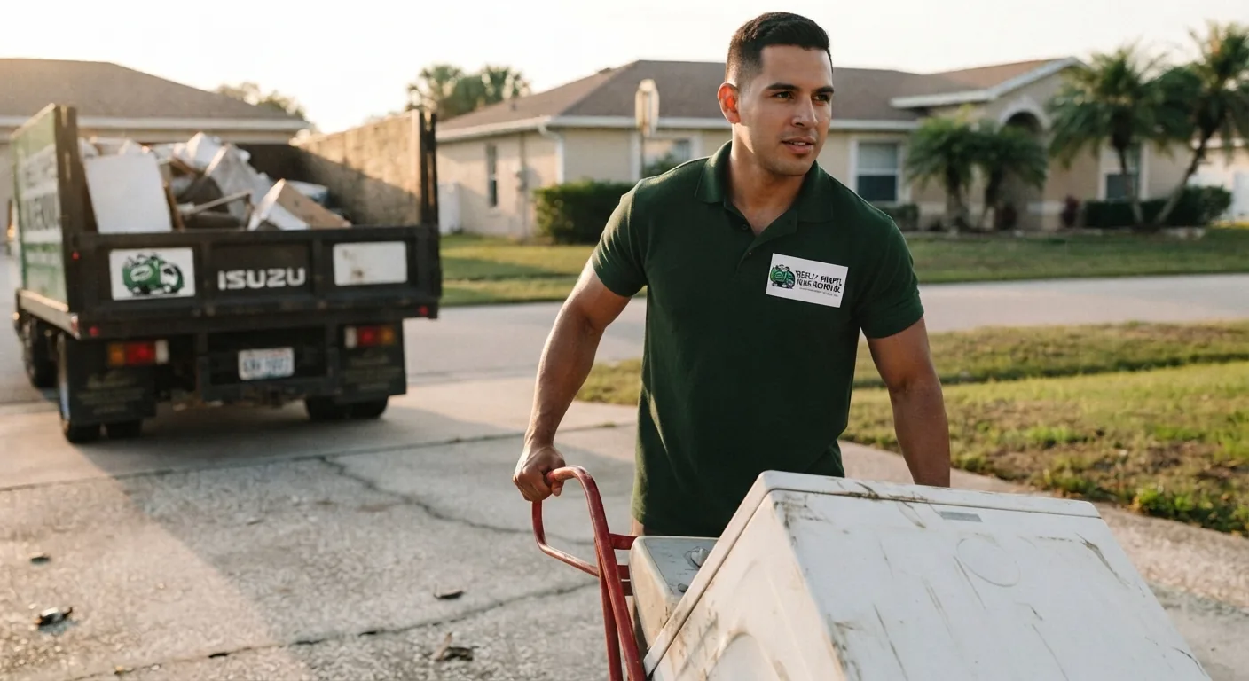 Junk Removal Tampa crew and truck staged for a shed teardown job