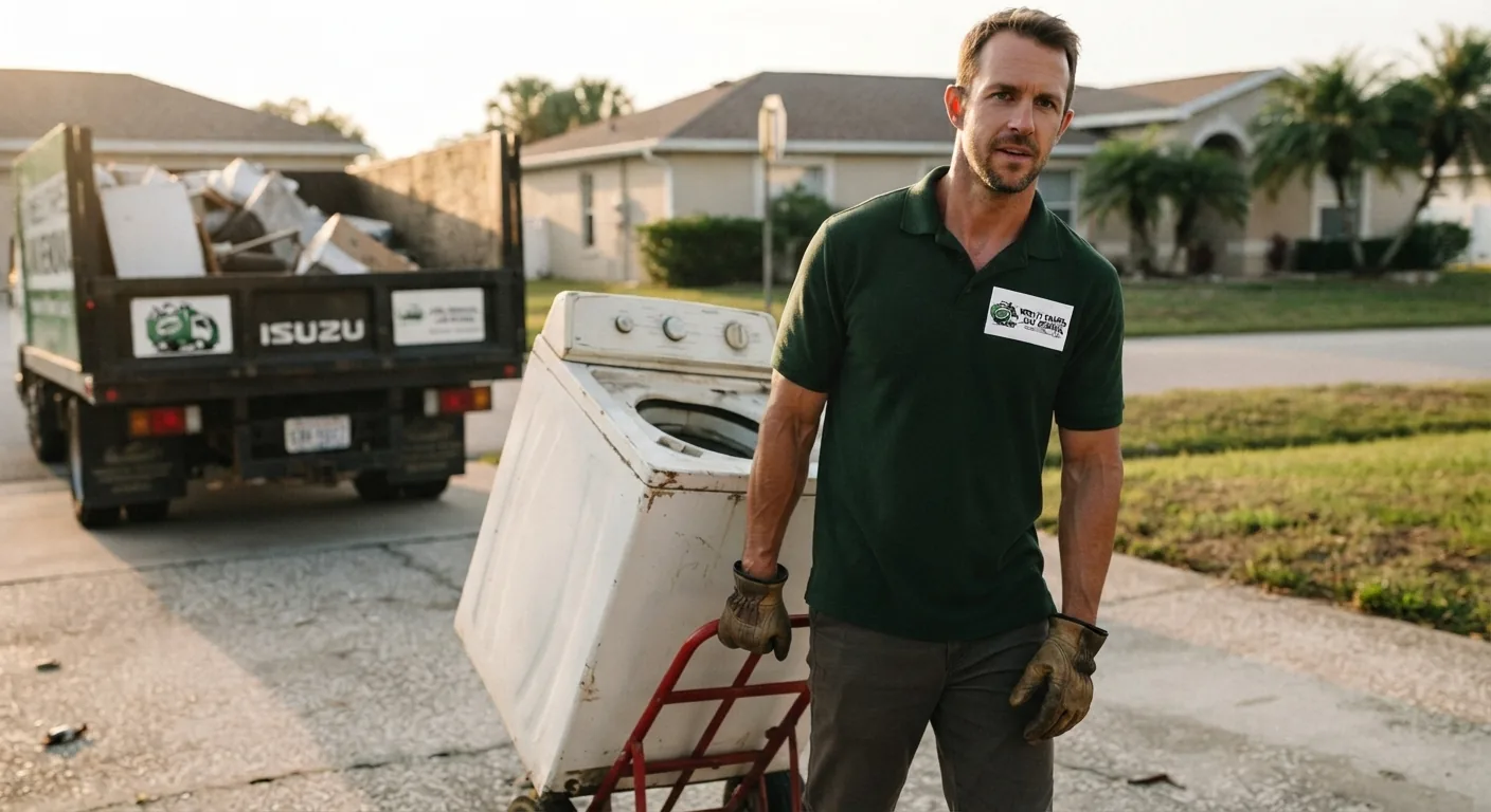 Worker loading old appliance for removal in Tampa