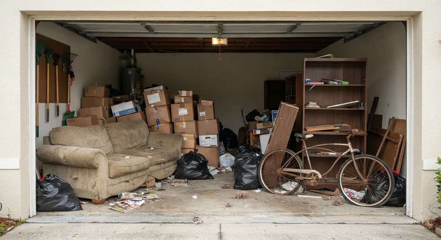 Cluttered garage before junk removal in Tampa