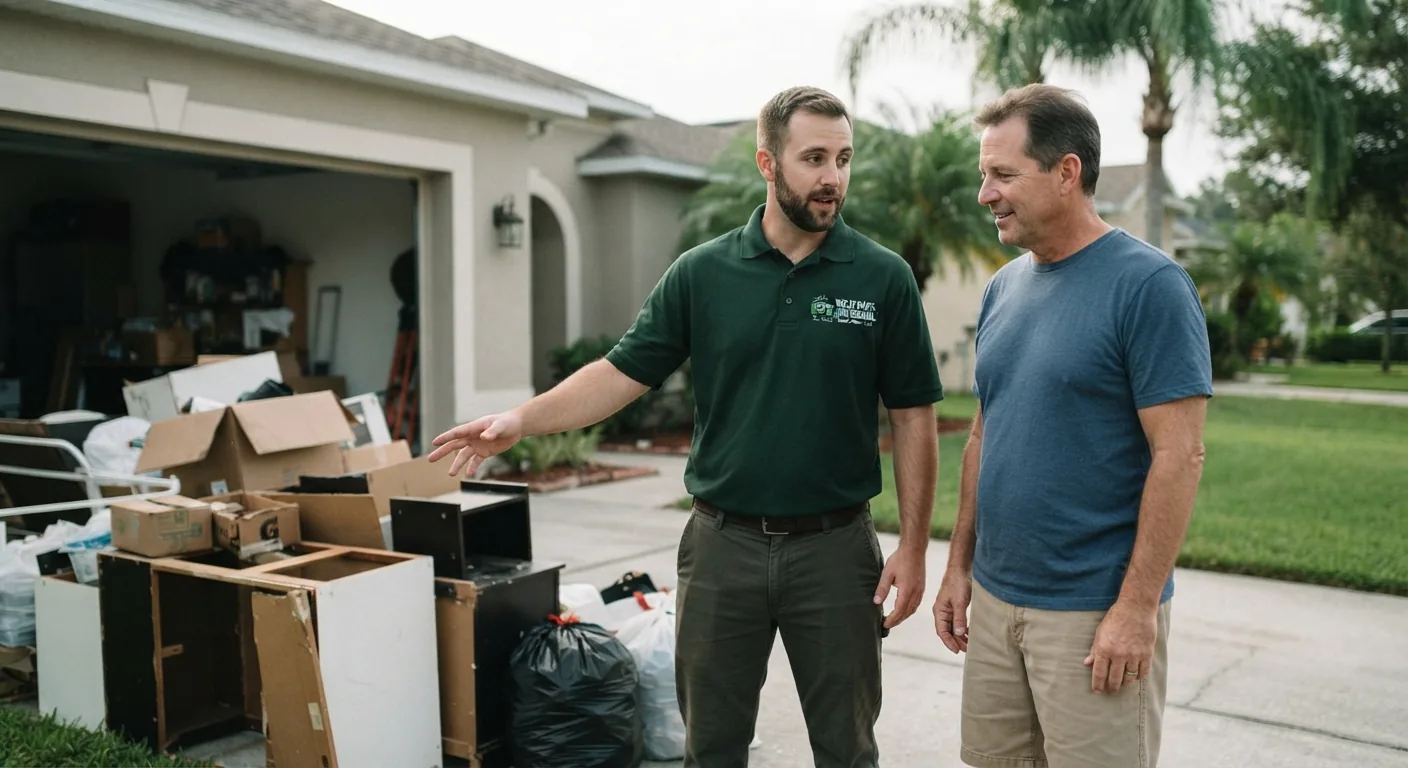 Junk removal worker reviewing job with Tampa homeowner