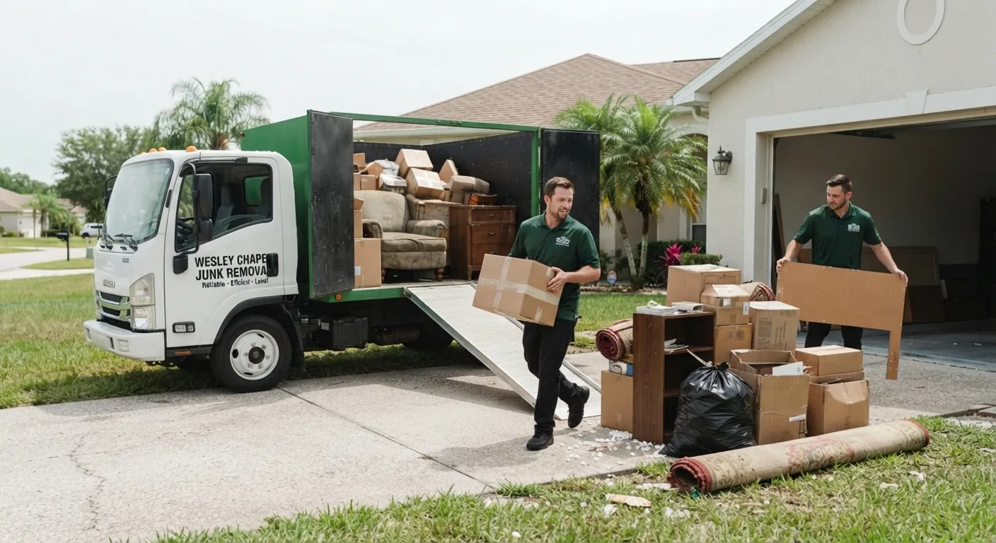 Crew carrying boxes to the truck during garage cleanouts in Tampa, FL
